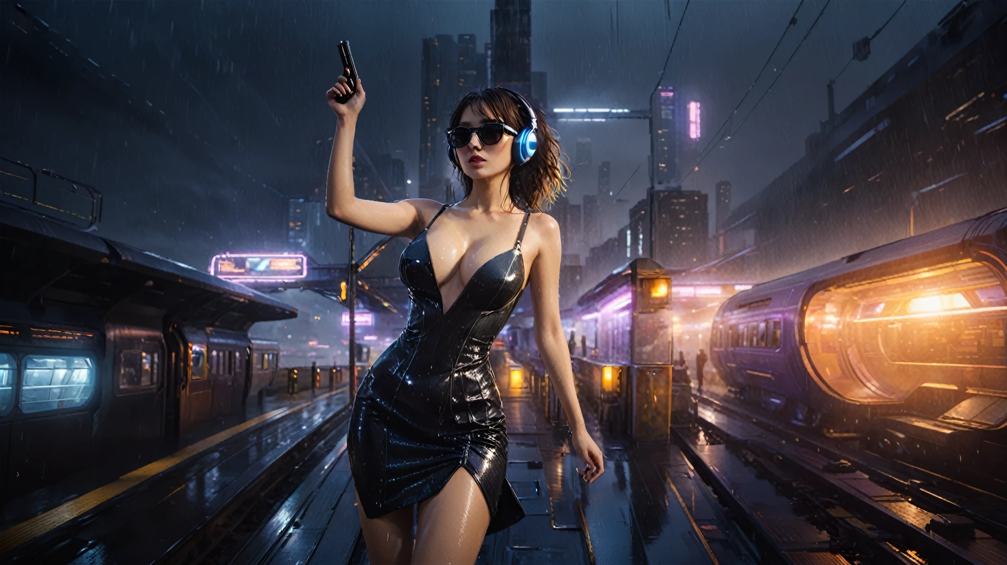 (((aerial view))), Blade Runner style futuristic railway platform, hi-tech train, neon lights, rainy night. (1girl, solo, alone), large-breast:1.2 slim body, cleavage:1.1, sexy wind blowing wet dress:1.4, headphone, (micro:0.8 black sunglasses), (((she raised a pistol:1.8 and shot:1.8 the viewer))), dynamic pose, (((half-body thigh level medium shot))), cinematic lighting, lens flare, ray tracing, zoom-in blurred:1.4 background.