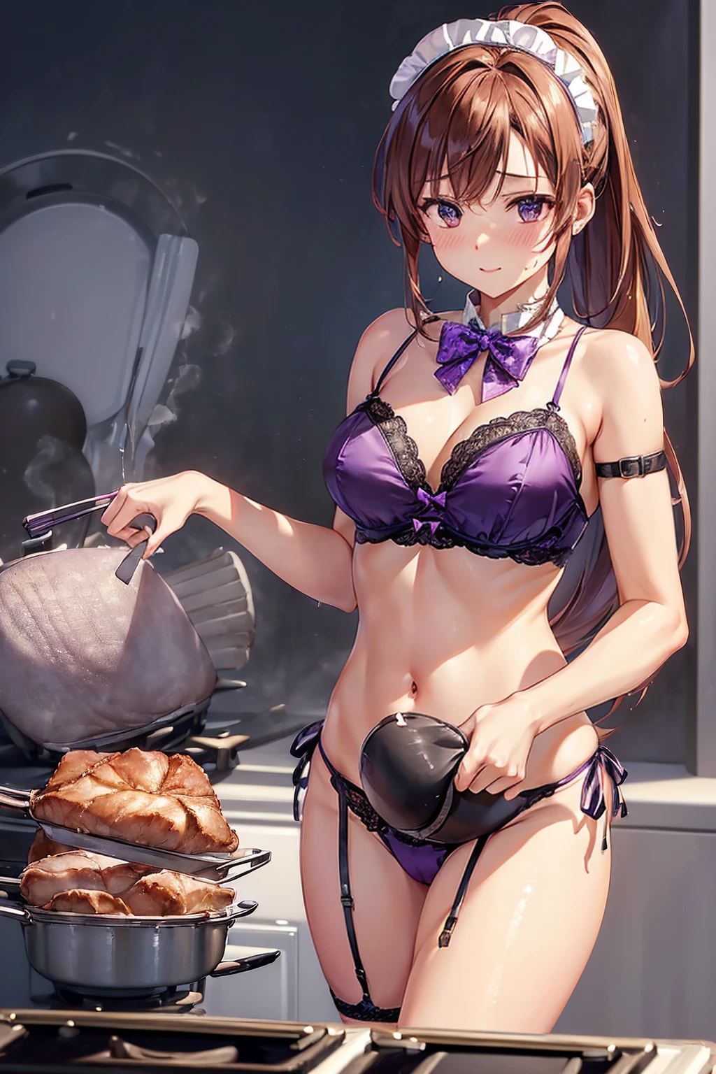 (((masterpiece, Highest quality, High resolution, 超High resolution, Perfect Pixel, Depth of written boundary, 4K, RTTX 10.0))), Beautiful Anime Woman, Beautiful art style, Anime characters, ((Smooth texture, Realistic texture, Anime CG Style)), Exact finger count、Exact number of legs、(Exact number of arms:1.0, Exact number of hands:1.0), (Perfect hands, Perfect Anatomy), Cinematic, Realistic, Extremely detailed CG, Daytime lighting, Perfect lighting, Best Shadow, The best natural light, whole body, Perfect body, バランのとれたPerfect body, Perfectly balanced style, Slender body, ((Long Hair, bangs, Reddish brown hair, ponytail)), ((A cute woman is cooking:1.8)), (pussy juice:1.5), ((Bow tie around neck, High heels:1.3), (Sexy and cute purple underwear:1.3), (Stylish shiny purple satin panties, Side-tie panties, The panties are plain purple in the center with lace decoration on the sides.:1.3), (Thin panties:1.3), (Purple micro lace satin bra, Purple bra with lace trim, Thin bra:1.3), (garter belt, Black knee socks:1.3):1.3), (Beautiful big , Cleavage:1.1), (Embarrassed expression:1.7), blush, (Stylish kitchen, In the middle of cooking, Dishes lined up in the kitchen:1.5), naked, In underwear, Waitress in underwear, (Frilly maid-like headband:1.1), Angle from the front