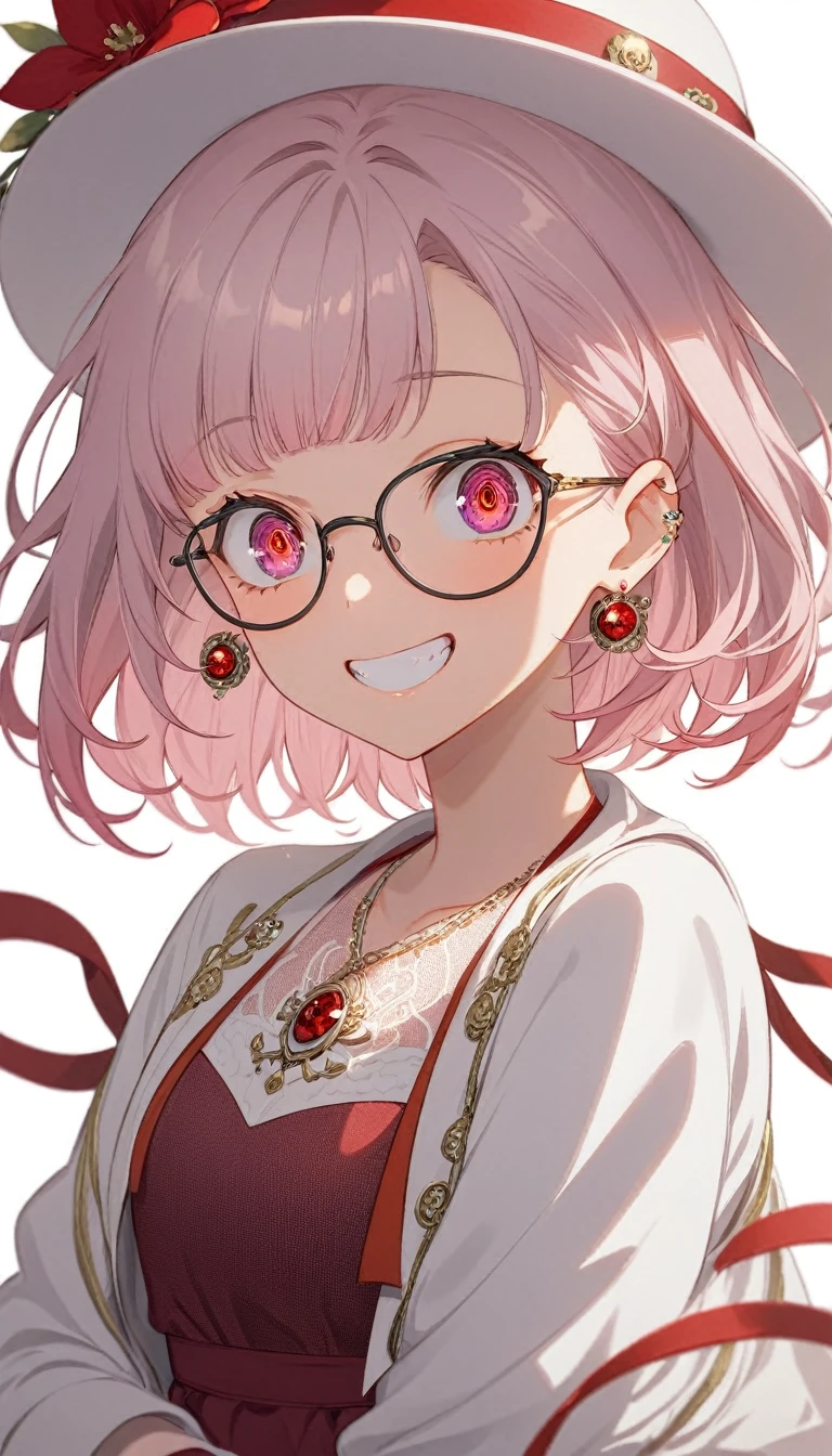 One Girl, alone, Medium Hair, View your audience, Surprised expression、panic、Bitter smile、bangs, ((紫色のJacket)), Red pastel skirt、Red eyes,White hair in the eye、Shining beautiful eyes、((White boater hat with red ribbon))、White Jewelry, Sitting, Jacket, whole body, Purple and pink hybrid hair color、Purple pink mesh color、 earrings, Glasses, teeth, Grin, open Jacket, Earrings, ring, ear Earrings, White Background、White Background