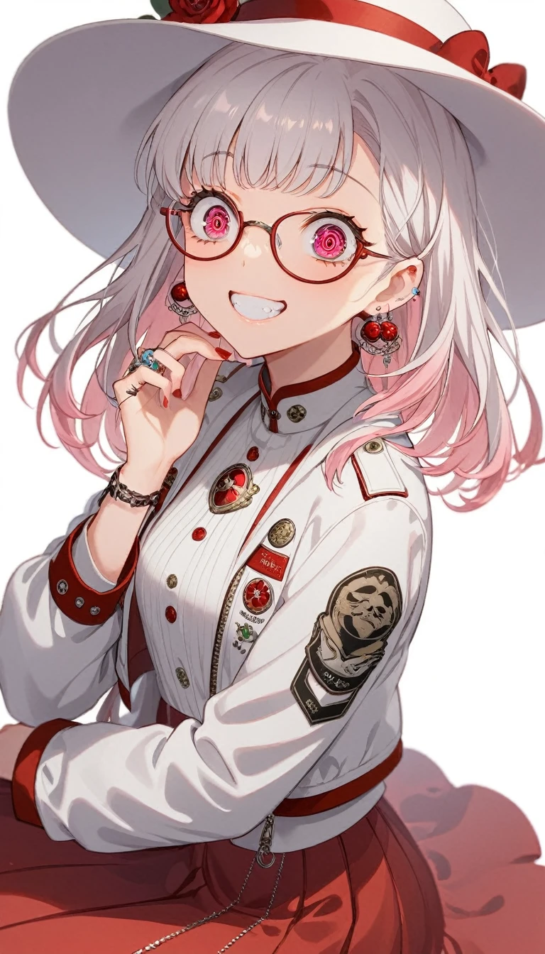 One Girl, alone, Medium Hair, View your audience, Surprised expression、panic、Bitter smile、bangs, ((紫色のJacket)), Red pastel skirt、Red eyes,White hair in the eye、Shining beautiful eyes、((White boater hat with red ribbon))、White Jewelry, Sitting, Jacket, whole body, Purple and pink hybrid hair color、Purple pink mesh color、 earrings, Glasses, teeth, Grin, open Jacket, Earrings, ring, ear Earrings, White Background、White Background