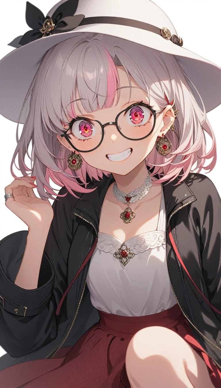 One Girl, alone, Medium Hair, View your audience, Surprised expression、panic、Bitter smile、bangs, ((紫色のJacket)), Red pastel skirt、Red eyes,White hair in the eye、Shining beautiful eyes、((White boater hat with red ribbon))、White Jewelry, Sitting, Jacket, whole body, Purple and pink hybrid hair color、Purple pink mesh color、 earrings, Glasses, teeth, Grin, open Jacket, Earrings, ring, ear Earrings, White Background、White Background