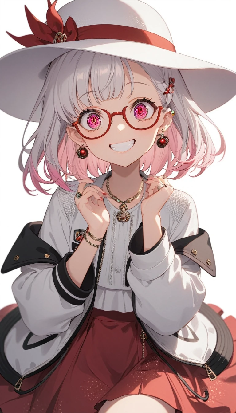 One Girl, alone, Medium Hair, View your audience, Surprised expression、panic、Bitter smile、bangs, ((紫色のJacket)), Red pastel skirt、Red eyes,White hair in the eye、Shining beautiful eyes、((White boater hat with red ribbon))、White Jewelry, Sitting, Jacket, whole body, Purple and pink hybrid hair color、Purple pink mesh color、 earrings, Glasses, teeth, Grin, open Jacket, Earrings, ring, ear Earrings, White Background、White Background