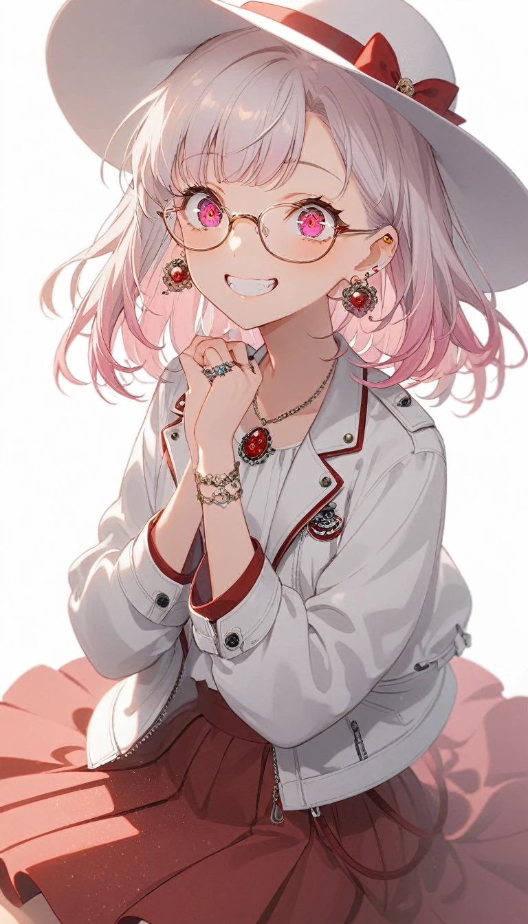 One Girl, alone, Medium Hair, View your audience, Surprised expression、panic、Bitter smile、bangs, ((紫色のJacket)), Red pastel skirt、Red eyes,White hair in the eye、Shining beautiful eyes、((White boater hat with red ribbon))、White Jewelry, Sitting, Jacket, whole body, Purple and pink hybrid hair color、Purple pink mesh color、 earrings, Glasses, teeth, Grin, open Jacket, Earrings, ring, ear Earrings, White Background、White Background