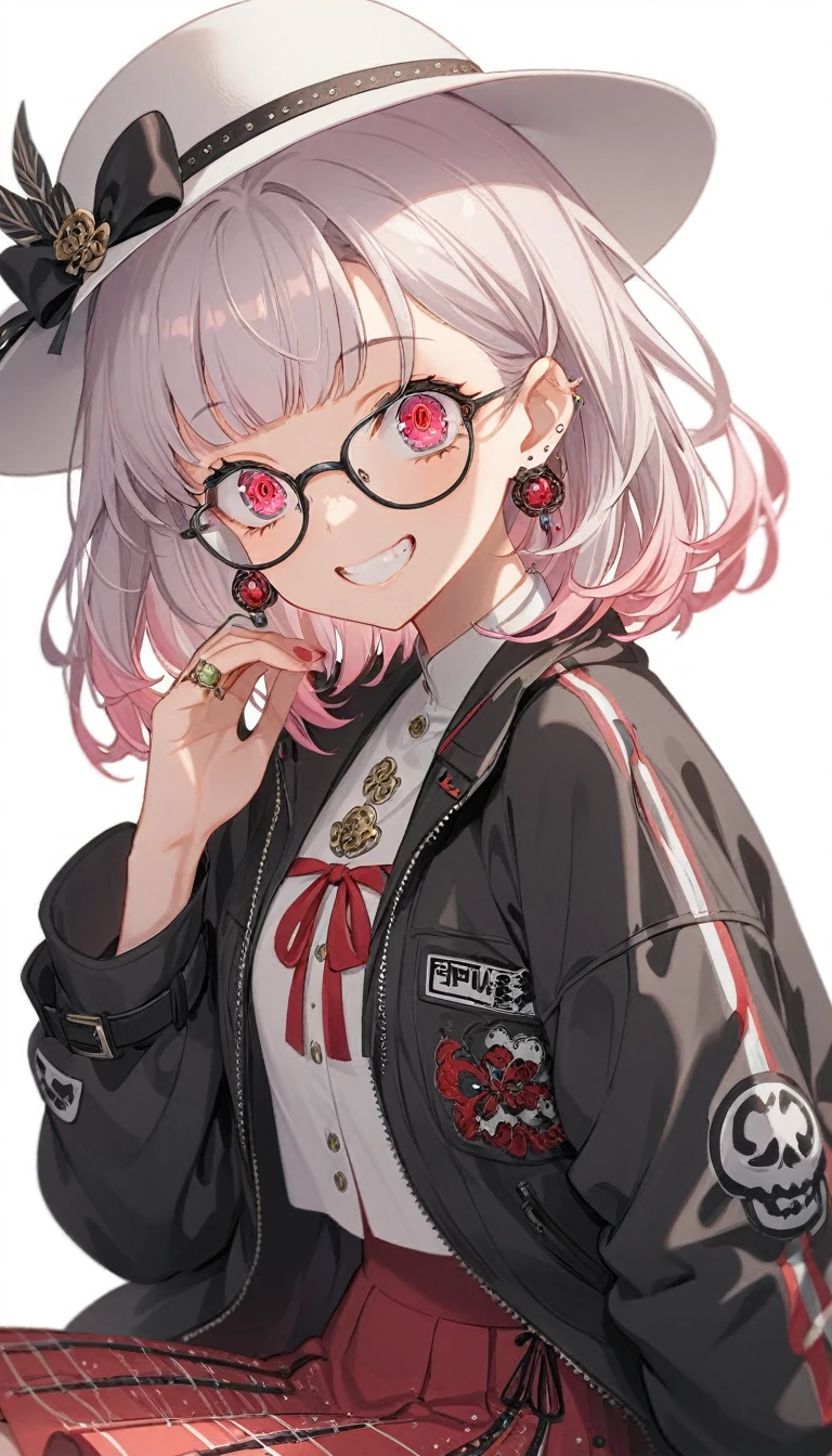 One Girl, alone, Medium Hair, View your audience, Surprised expression、panic、Bitter smile、bangs, ((紫色のJacket)), Red pastel skirt、Red eyes,White hair in the eye、Shining beautiful eyes、((White boater hat with red ribbon))、White Jewelry, Sitting, Jacket, whole body, Purple and pink hybrid hair color、Purple pink mesh color、 earrings, Glasses, teeth, Grin, open Jacket, Earrings, ring, ear Earrings, White Background、White Background
