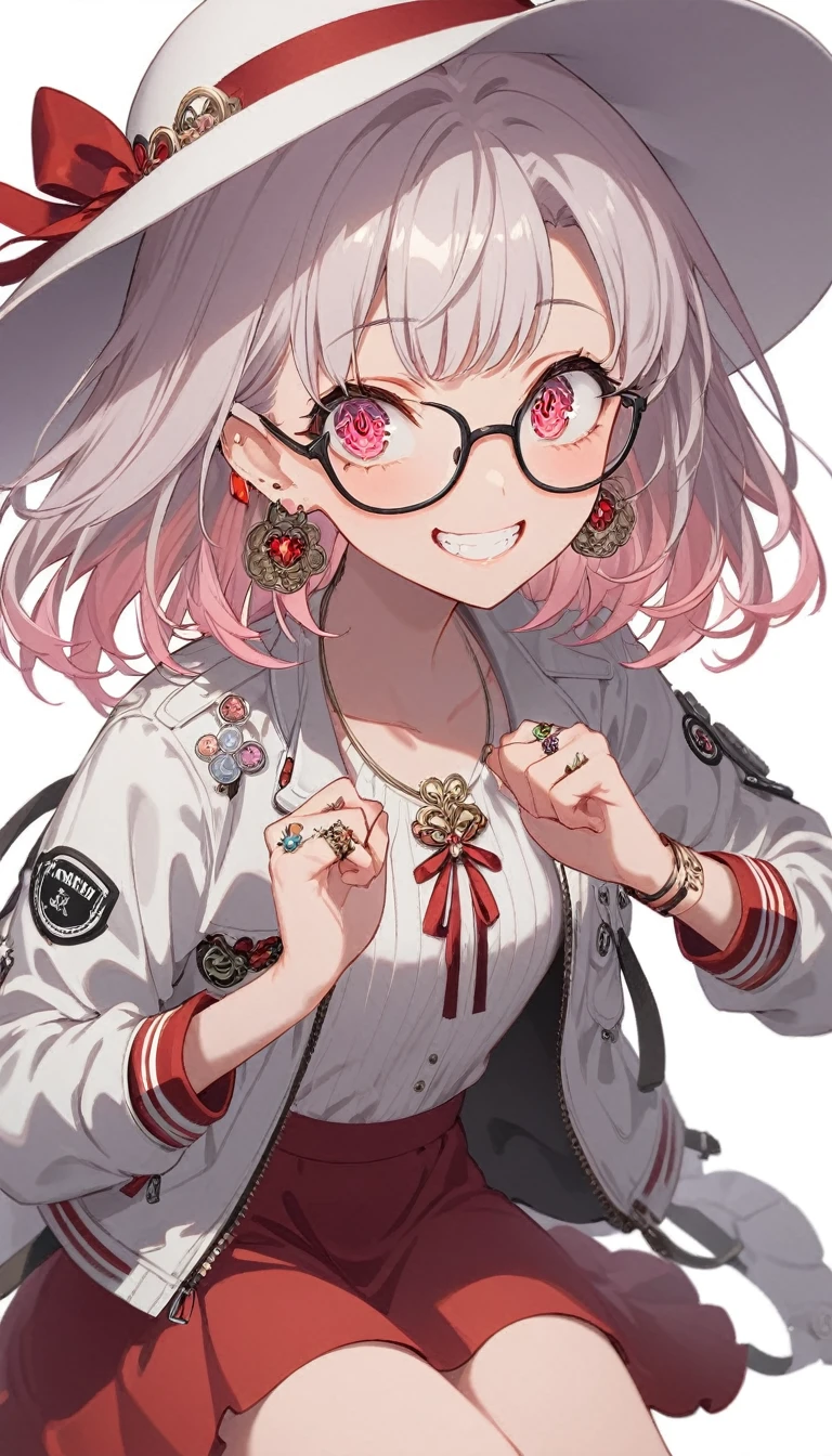 One Girl, alone, Medium Hair, View your audience, Surprised expression、panic、Bitter smile、bangs, ((紫色のJacket)), Red pastel skirt、Red eyes,White hair in the eye、Shining beautiful eyes、((White boater hat with red ribbon))、White Jewelry, Sitting, Jacket, whole body, Purple and pink hybrid hair color、Purple pink mesh color、 earrings, Glasses, teeth, Grin, open Jacket, Earrings, ring, ear Earrings, White Background、White Background