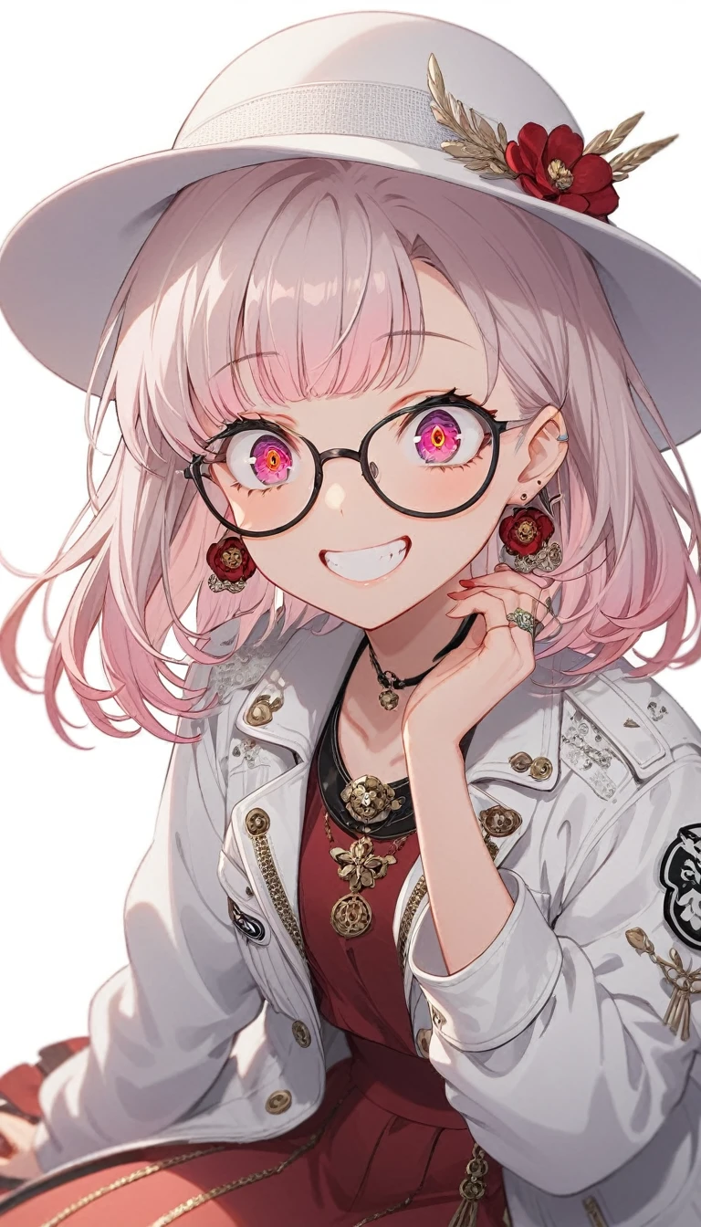 One Girl, alone, Medium Hair, View your audience, Surprised expression、panic、Bitter smile、bangs, ((紫色のJacket)), Red pastel skirt、Red eyes,White hair in the eye、Shining beautiful eyes、((White boater hat with red ribbon))、White Jewelry, Sitting, Jacket, whole body, Purple and pink hybrid hair color、Purple pink mesh color、 earrings, Glasses, teeth, Grin, open Jacket, Earrings, ring, ear Earrings, White Background、White Background