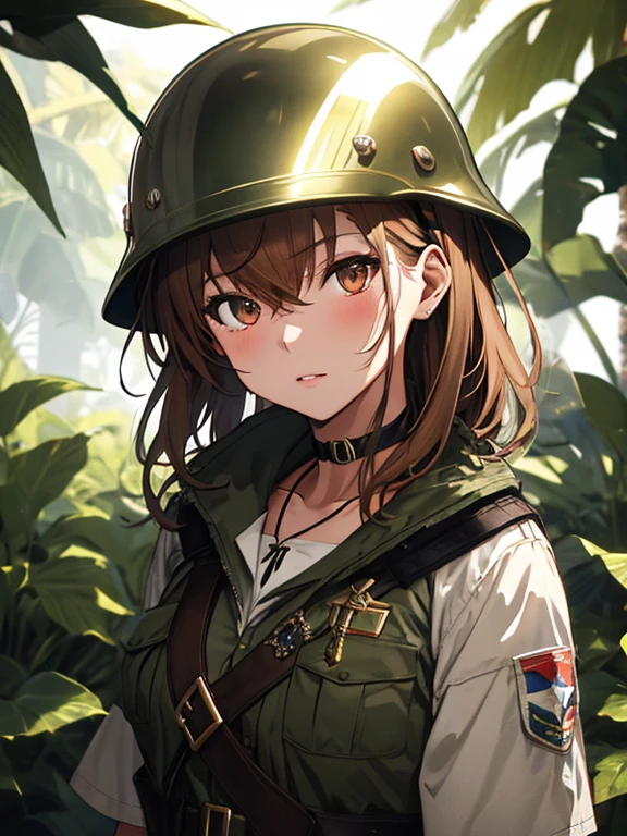 jungle, Explorer, Soldier, Amazon, Helmet, Optical Lenses, Misaka Mikoto, 1girl, black choker, uhd, retina, masterpiece, ccurate, anatomically correct, textured skin, super detail, high details, high quality, best quality, highres, 4K