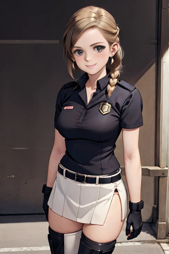 masterpiece,high resolution,1girl,solo,full body,woman,light smile,blush,medium breasts,skinny,realistic,20age,bar,aihaibara,police officer,miniskirt,earrings,braided boots,