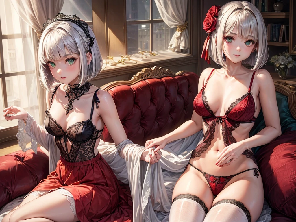 (((depict young girll))), (((top-quality, masterpiece))), 4k, HD, silver hair, ((bob cut)), one braid, ((red rose in hair)), green eyes, (((sofisticate lingerie))), ((lace lingerie details)), black and red lingerie, many white ribbons, maid, lovely, sexy pose, smile, happy, warm, ((small breasts)), nice hips, (Masterpiece, Excellent, complex details), delicate girl, delicate face, knightly atmosphere