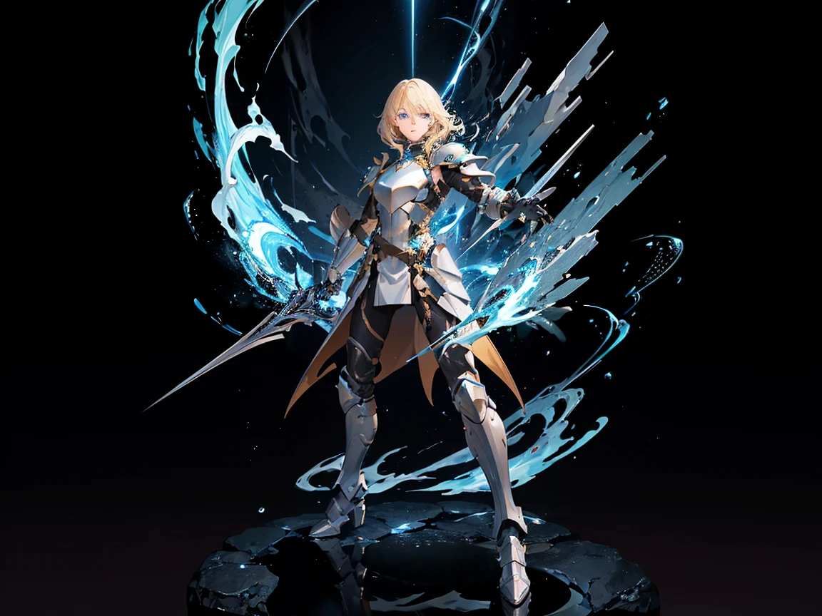 18 years old, blond hair, flowing blond hair, blue eyes, in a full body black armor, futuristic, masterpiece, high quality, with a lightning energy in hand, shoulders exposed, gloves, ready to fight pose, 4k, overhead view, solo character