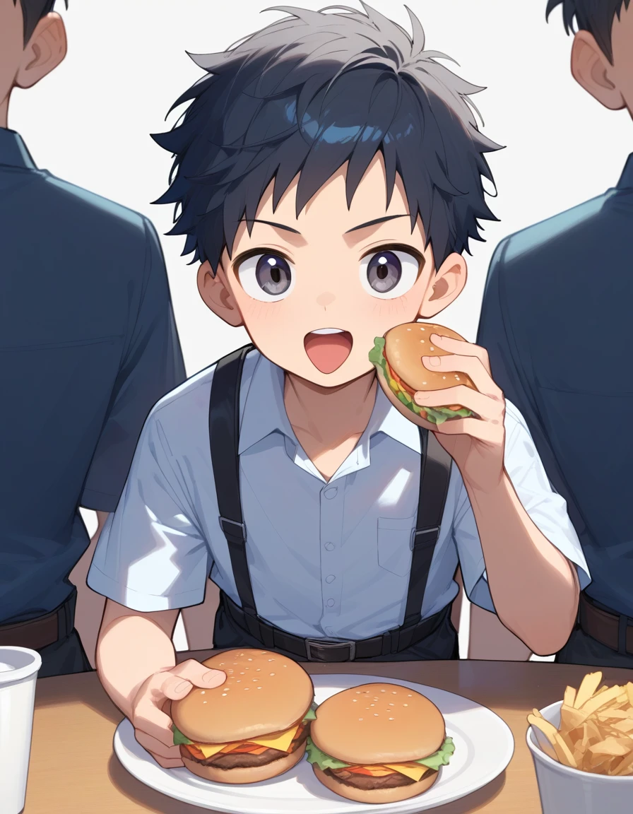 score_9, score_8_up, score_7_up, score_6_up, score_5_up, score_4_up, 1boy, **** boy, schoolboy, junior high school boy, black hair, short hair, black eyes, white short sleeve collared shirt, black pants, belt, open your mouth, hamburger restaurant, counter, Sitting, Eating hamburger, French fly, at evening, from front, upper body, look at viewer, 
