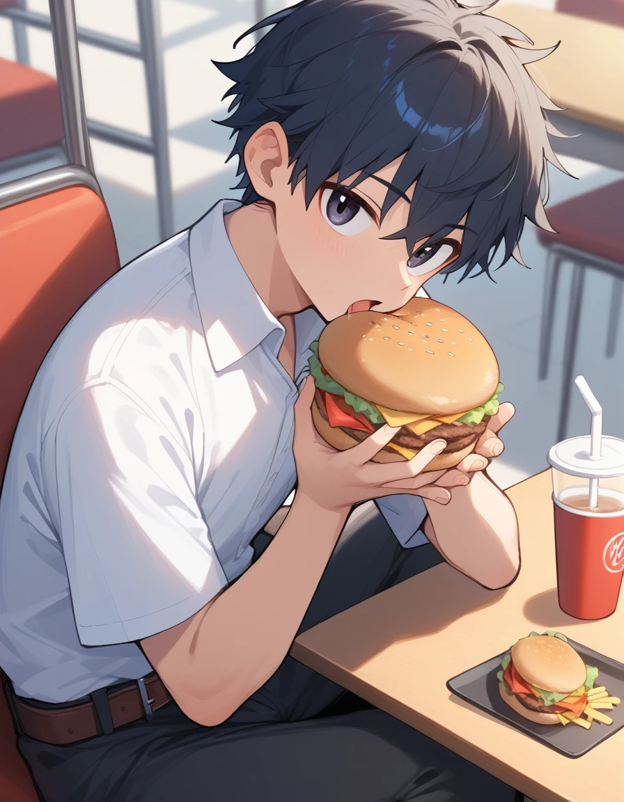 score_9, score_8_up, score_7_up, score_6_up, score_5_up, score_4_up, 1boy, **** boy, schoolboy, junior high school boy, black hair, short hair, black eyes, white short sleeve collared shirt, black pants, belt, open your mouth, hamburger restaurant, counter, Sitting, Eating hamburger, French fly, at evening, from front, upper body, look at viewer, 
