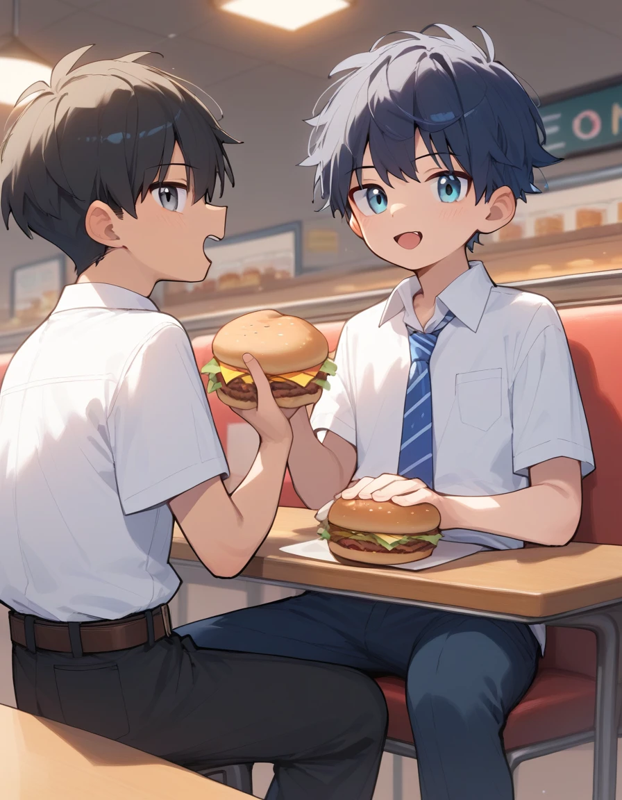 score_9, score_8_up, score_7_up, score_6_up, score_5_up, score_4_up, 1boy, **** boy, schoolboy, junior high school boy, black hair, short hair, black eyes, white short sleeve collared shirt, black pants, belt, open your mouth, hamburger restaurant, counter, Sitting, Eating hamburger, French fly, at evening, from front, upper body, look at viewer, 
