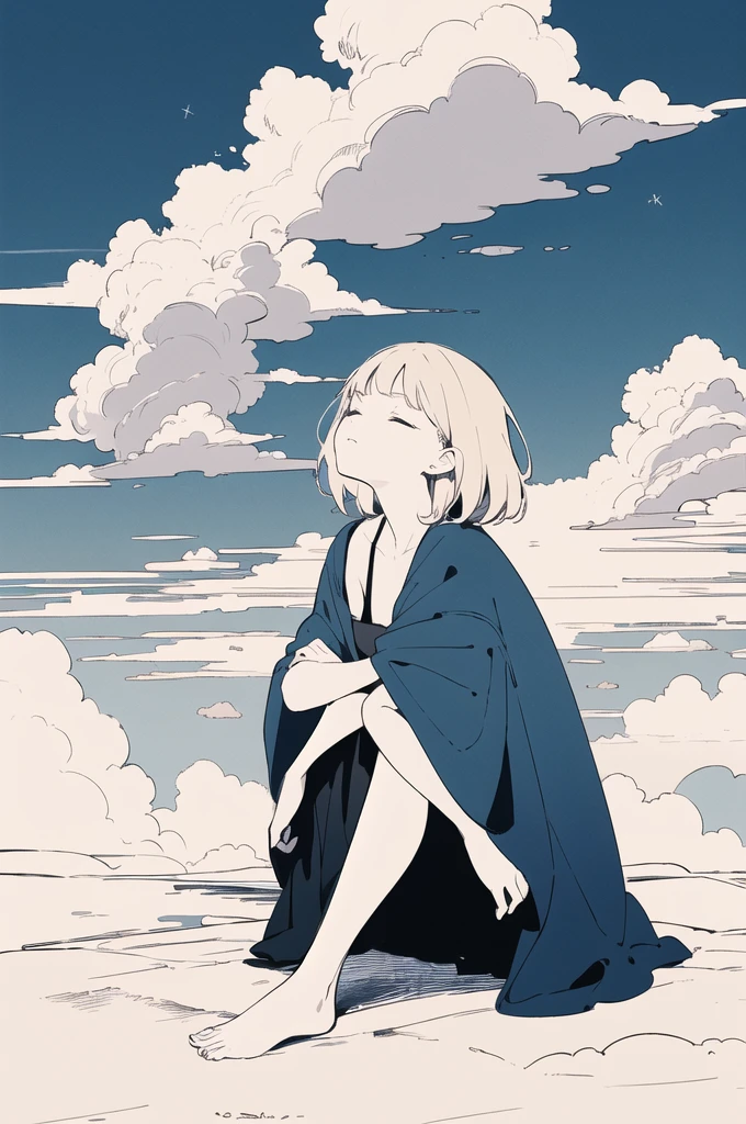 1girl, sleep, relaxed, closed eyes, tilt head, breasts, crossed arms, (beige hair, short hair),
(dark blue , dark blue skirt, barefoot),
(beautiful detailed sky, blue sky, above the clouds), (sitting on clouds), wind, full body, wide shot,
(flat color:1.2), (best quality, masterpiece:1.2, highres, hyper detailed), lineart