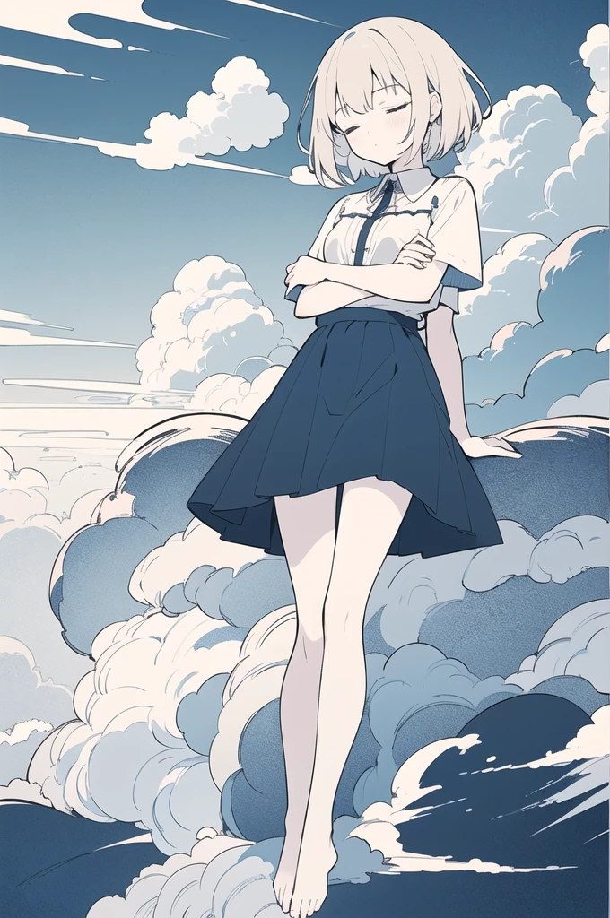 1girl, sleep, relaxed, closed eyes, tilt head, breasts, crossed arms, (beige hair, short hair),
(dark blue , dark blue skirt, barefoot),
(beautiful detailed sky, blue sky, above the clouds), (sitting on clouds), wind, full body, wide shot,
(flat color:1.2), (best quality, masterpiece:1.2, highres, hyper detailed), lineart