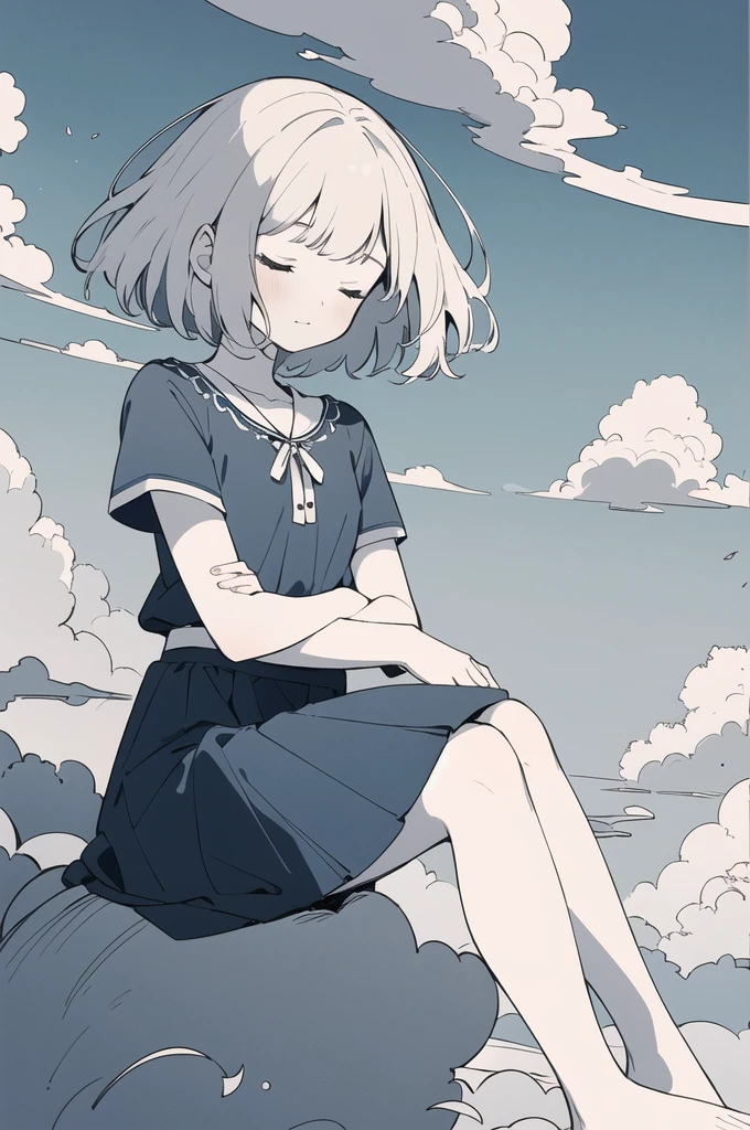 1girl, sleep, relaxed, closed eyes, tilt head, breasts, crossed arms, (beige hair, short hair),
(dark blue , dark blue skirt, barefoot),
(beautiful detailed sky, blue sky, above the clouds), (sitting on clouds), wind, full body, wide shot,
(flat color:1.2), (best quality, masterpiece:1.2, highres, hyper detailed), lineart