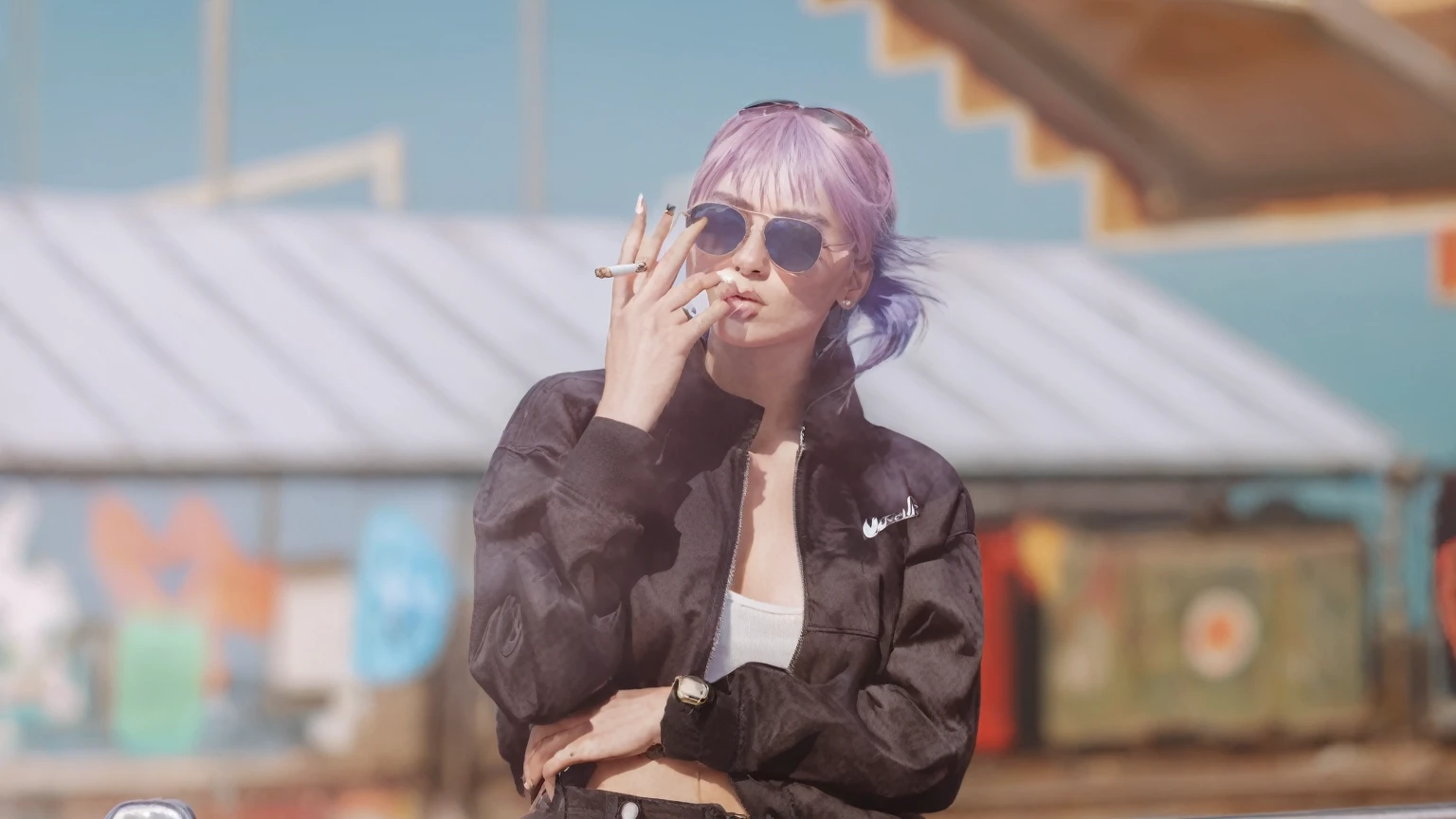 there is a woman with sunglasses on smoking, casual pose, heavy gesture style closeup, she is wearing streetwear, [ 4 k photorealism ]!!, with sunglass, cinematic shot ar 9:16 -n 6 -g