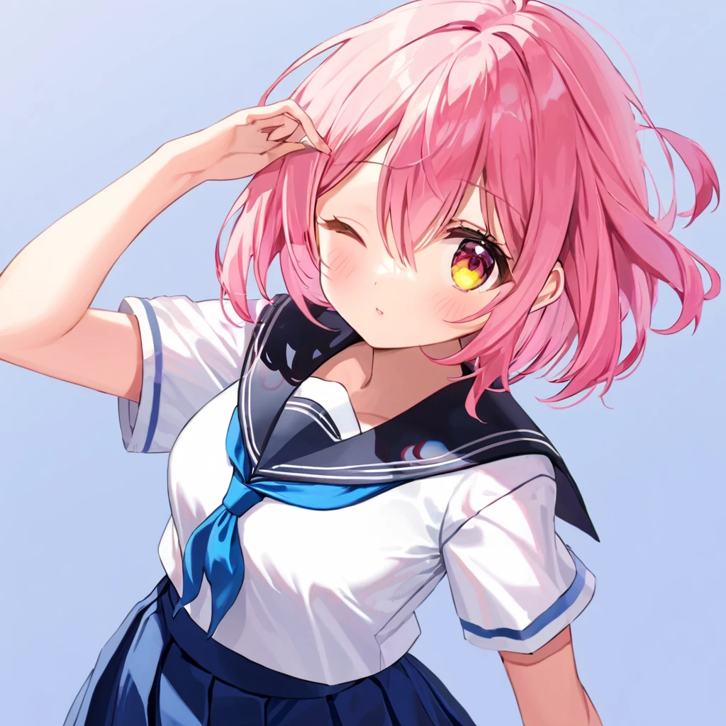 (1 girl),(Best Picture Quality, 8K, Masterpiece:1.3), (high school student:1.5), ((pink lob hair:1.1)), (bob cut),(swept bangs), (cute eyes, pupil black, iris skyblue, youthful face), (mole under right eye), (standard weight), (small breasts),(big hip), (glistening skin:1.1),(pale skin:1.2), ((serafuku, white sailor short sleeve simple shirt, darkblue skirt, darkblue sailor collar, pink ribbon)).