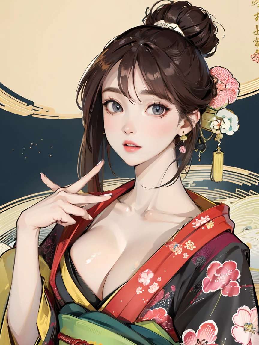 (Highest quality、 8k 、masterpiece、High resolution)、(whole body)、Vibrant colors、Brown-black bob、Traditional topknot、Ample breasts、(Highly detailed face and eyes,Beautiful Face,Beautiful Eyes,Beautiful nose,Pretty lips)、Official Art、Ukiyo-e style、 (Beautiful woman in kimono)、(Vivid floral patterned kimono)、background、river、bridge、Mountain、wood、Starry Sky、moon、plum、Lantern、