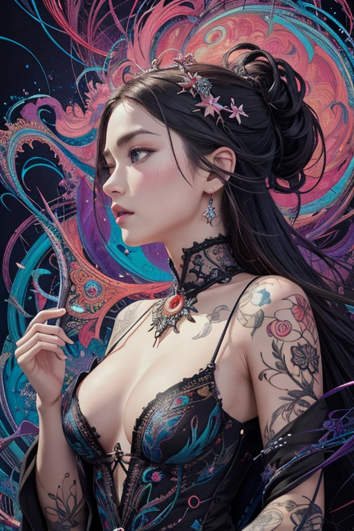 offcial art,Unity 8k wallpaper,ultra - detailed,Beauty and aesthetics,tmasterpiece,best qualtiy,(zentangle,datura,Tangles,entangled),(s fractal art:1.3),1girl,The is very detailed,dynamic angle,cowboyshot,The most beautiful form of chaos,elegant,Fauvist design,vivd colour,James Jean,robbie devi antono,ross tran,francis bacon,michal mraz,adrian ghenie,petra cortright,gerhard richter,takato yamamoto,Ashley Wood,Atmospheric,A note of ecstasy,streaming musical notes visible