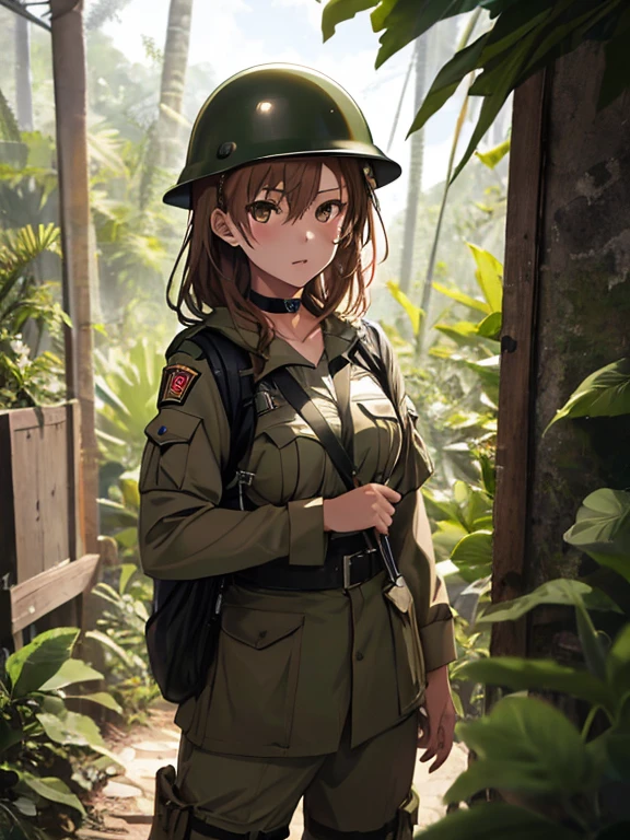 jungle, Explorer, Soldier, Amazon, Helmet, Optical Lenses, Misaka Mikoto, 1girl, black choker, uhd, retina, masterpiece, ccurate, anatomically correct, textured skin, super detail, high details, high quality, best quality, highres, 4K