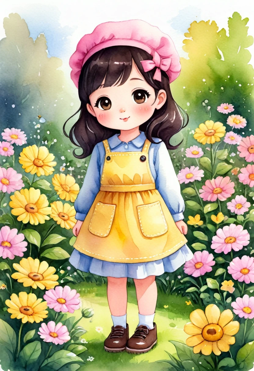chibi, a watercolor illustration of a cute 4 year old standing in a garden with lots of flowers, she has a pink beret on her head. She is dressed in a long-sleeved yellow dress, she is wearing a pink apron with black buttons over it, and she is wearing yellow shoes on her feet. She has shoulder-length wavy black hair and big brown eyes. Cute art style, cute cartoon character, cute digital art, cute detailed digital art, cute art, cute cartoon, cute cartoon style, cartoon style illustration, cute character, cute illustration, cute kawaii girl, detailed art cute, cute woman, cute girl, cartoon art style, adorable digital painting, chibi girl.