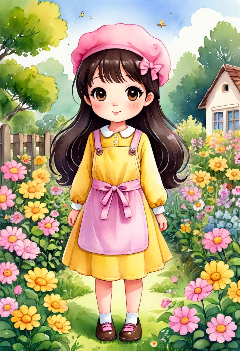 chibi, a watercolor illustration of a cute 4 year old standing in a garden with lots of flowers, she has a pink beret on her head. She is dressed in a long-sleeved yellow dress, she is wearing a pink apron with black buttons over it, and she is wearing yellow shoes on her feet. She has shoulder-length wavy black hair and big brown eyes. Cute art style, cute cartoon character, cute digital art, cute detailed digital art, cute art, cute cartoon, cute cartoon style, cartoon style illustration, cute character, cute illustration, cute kawaii girl, detailed art cute, cute woman, cute girl, cartoon art style, adorable digital painting, chibi girl.