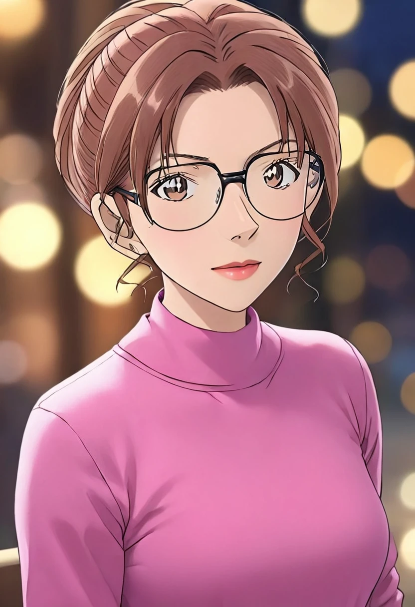 (breathtaking mature beauty,intellectual and elegant,luminous pink sweater,brown hair,(best quality,masterpiece:1.2),full-length shot,perfect figure,wearing glasses,ultra-clear,exquisite facial features,ultra-detailed,bokeh)