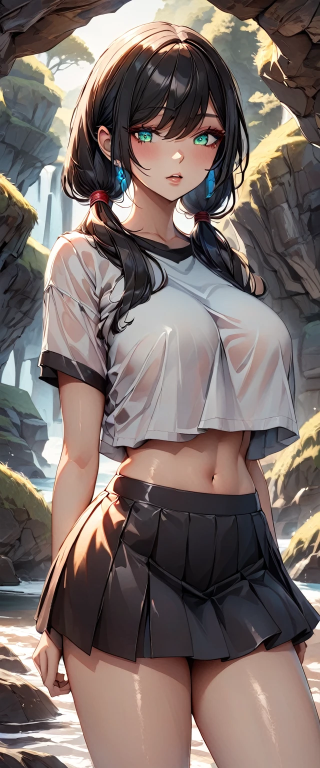 Photo of a woman with natural skin, Upper Body, Seaside cave, The light is shining in, High Twintails, Black hair with red mesh, Sharp eyes with red eyeshadow, Blue-green eyes, Shining eyes, A thin, upturned nose, Well-shaped lips, Big Breasts, ((crop top overhang, mini skirt, Thighs)), Makeup, Exquisitely crafted with the utmost attention to detail, Vibrant, amazing, Smooth, Cinematic, 4K, Backlight, (()), Shallow depth of field, ((Detailed eyes:1.3, Detailed lips:1.3, high quality, )), masterpiece, Super detailed images, High quality