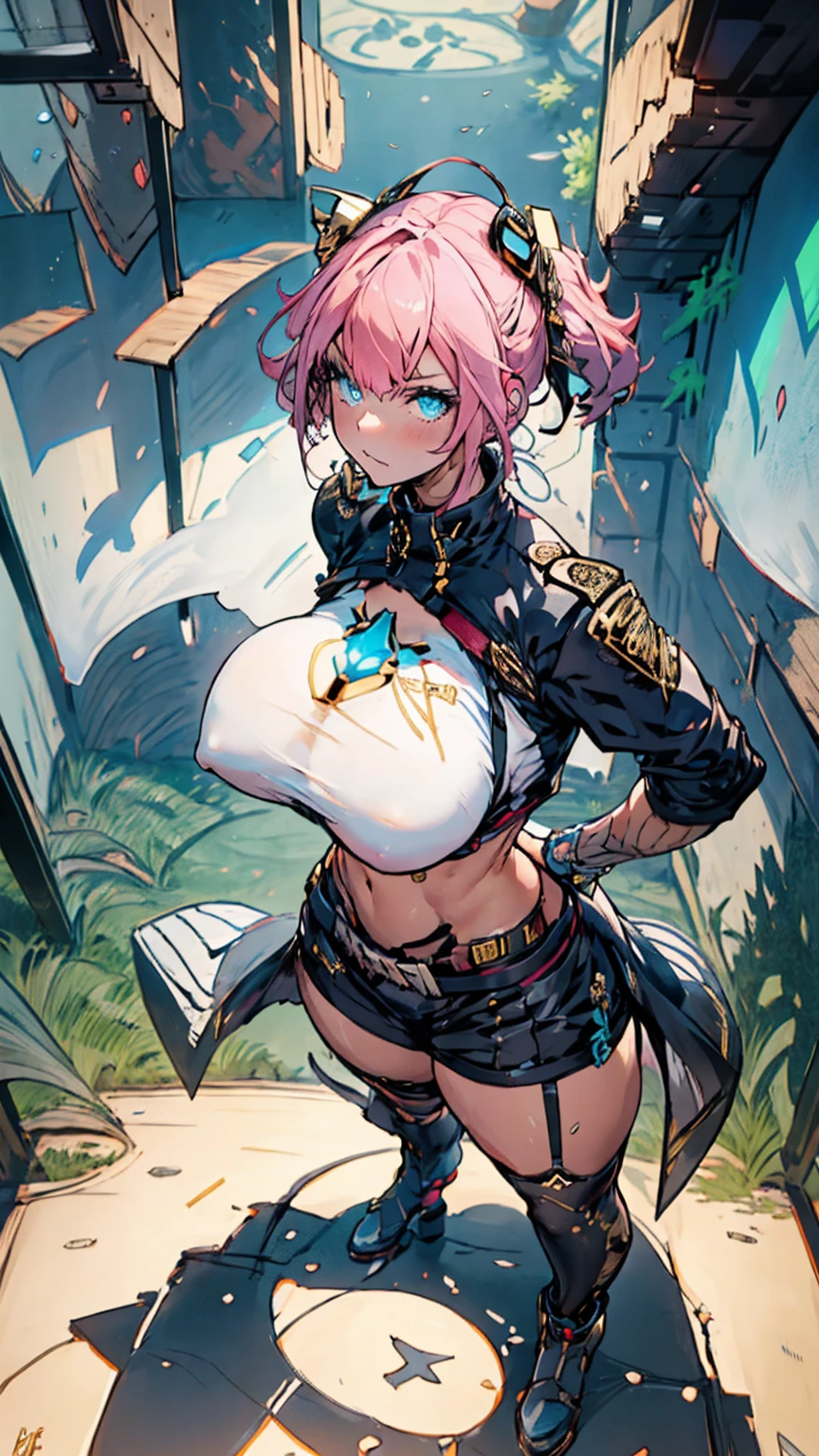 1 confident woman with floor-length pink hair, huge and big breasts, Futuristic royal costume in white with black and gold details, tall woman, blue detailed eyes,  , judgmental look, golden metal skulls, sovereign pose, cyberpunk queen
