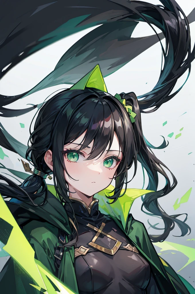 portrait, black hair, long wavy side ponytail, cool, green eyes, dark green cloak, small breasts