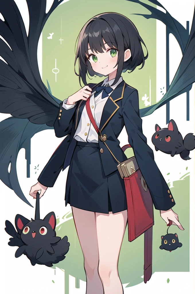 One girl, High resolution, masterpiece, Highest quality, Black Hair, Medium Short, smile, Green Eyes, A blazer with a white, black, navy blue and red motif, High , low length, Dairy-free, Department of Small Animals, Small