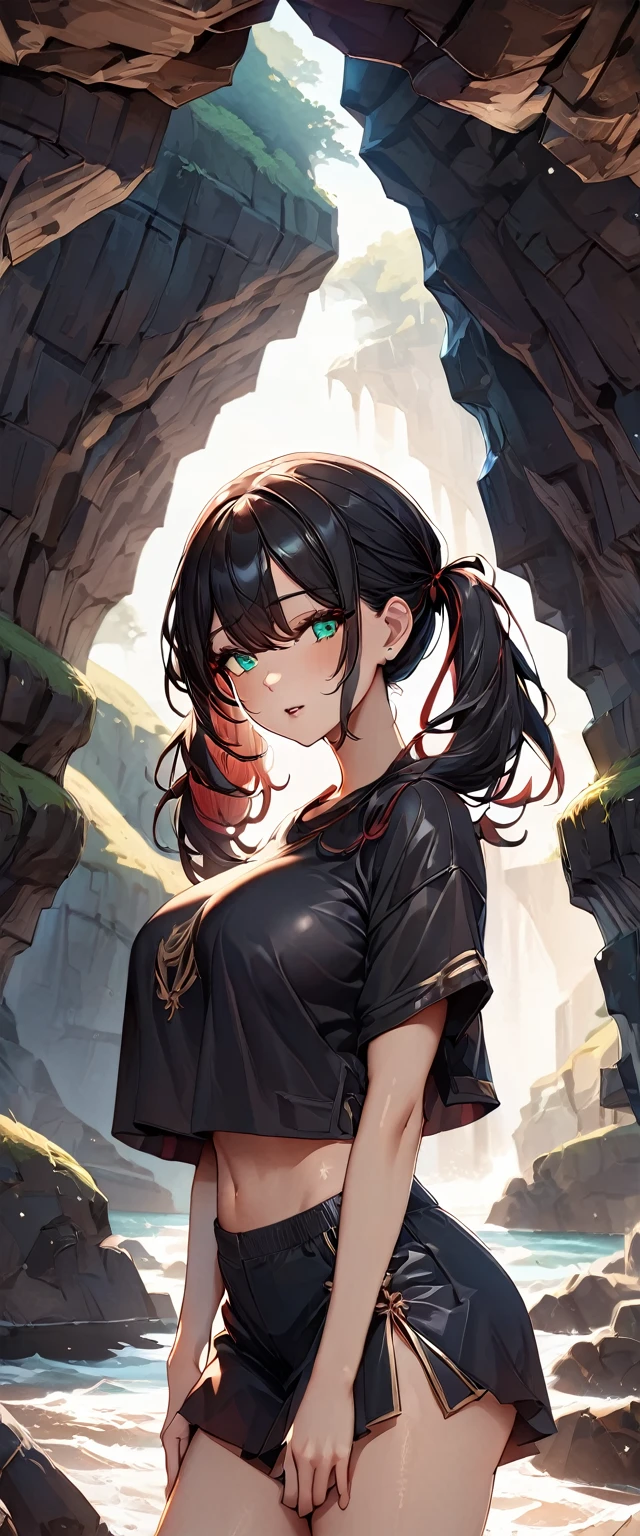 Photo of a woman with natural skin, Upper Body, Seaside cave, The light is shining in, High Twintails, Black hair with red mesh, Sharp eyes with red eyeshadow, Blue-green eyes, Shining eyes, A thin, upturned nose, Well-shaped lips, Big Breasts, ((crop top overhang, Thighs)), Makeup, Exquisitely crafted with the utmost attention to detail, Vibrant, amazing, Smooth, Cinematic, 4K, Backlight, (()), Shallow depth of field, ((Detailed eyes:1.3, Detailed lips:1.3, high quality, )), masterpiece, Super detailed images, High quality