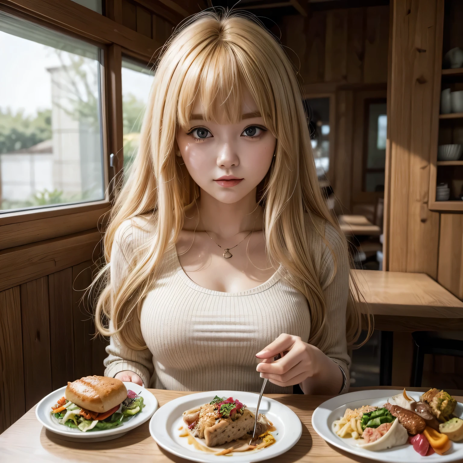 Woman with big blonde hair, short bangs, she is sitting inside a meal plate ((she is inside the plate))