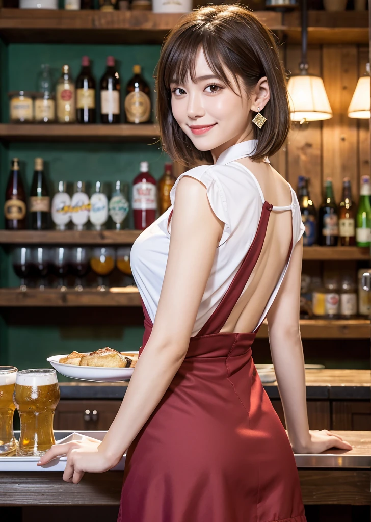 high resolution, High-quality reality, shading, Photorealism, Ray Tracing, 8k, Ultra-high resolution, masterpiece, light makeup, Life-size smiles and precious expressions, European/Swedish style girl, medieval bartender, Medieval style short skirt, White shirt and revealing apron,Small breasts, With a tray filled with several beer cups, At a bar crowded with adventurers, ,((Slim body))、(((引き締まったButt))),Short Bob ,Straight Bangs,((Short Bob)),Butt,Erotic,Shaved Bob,Bob Hair,Embarrassing,Realistic,超Realistic,masterpiece, Highest quality,ultra-Get used to it,super Get used to it skin,Get used to it,Perfect Anatomy、( Highest quality、8k、masterpiece: 1.1 )、diamond、Earrings,