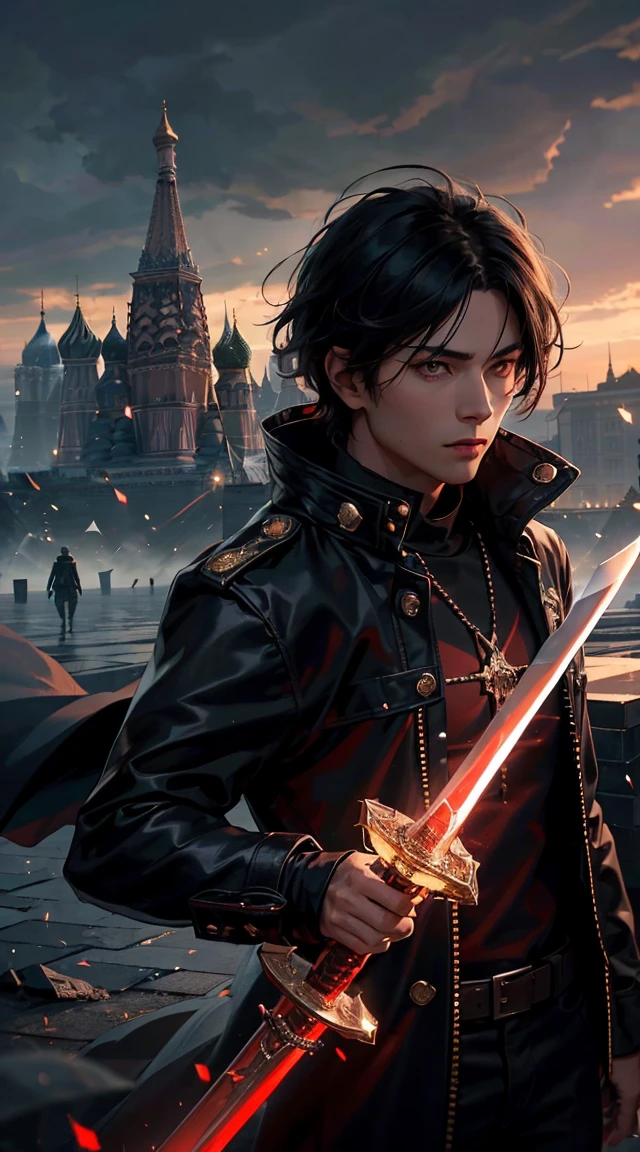 Young guy with a sword, jacket and raincoat, black hair, Kremlin and Red Square in the background,red blood element,HD Light & Dark, Balance Rendering, HD lighting and darkness )<=(Epic image quality)dark atmosphere with bright light particles(Lots of effects in the background)