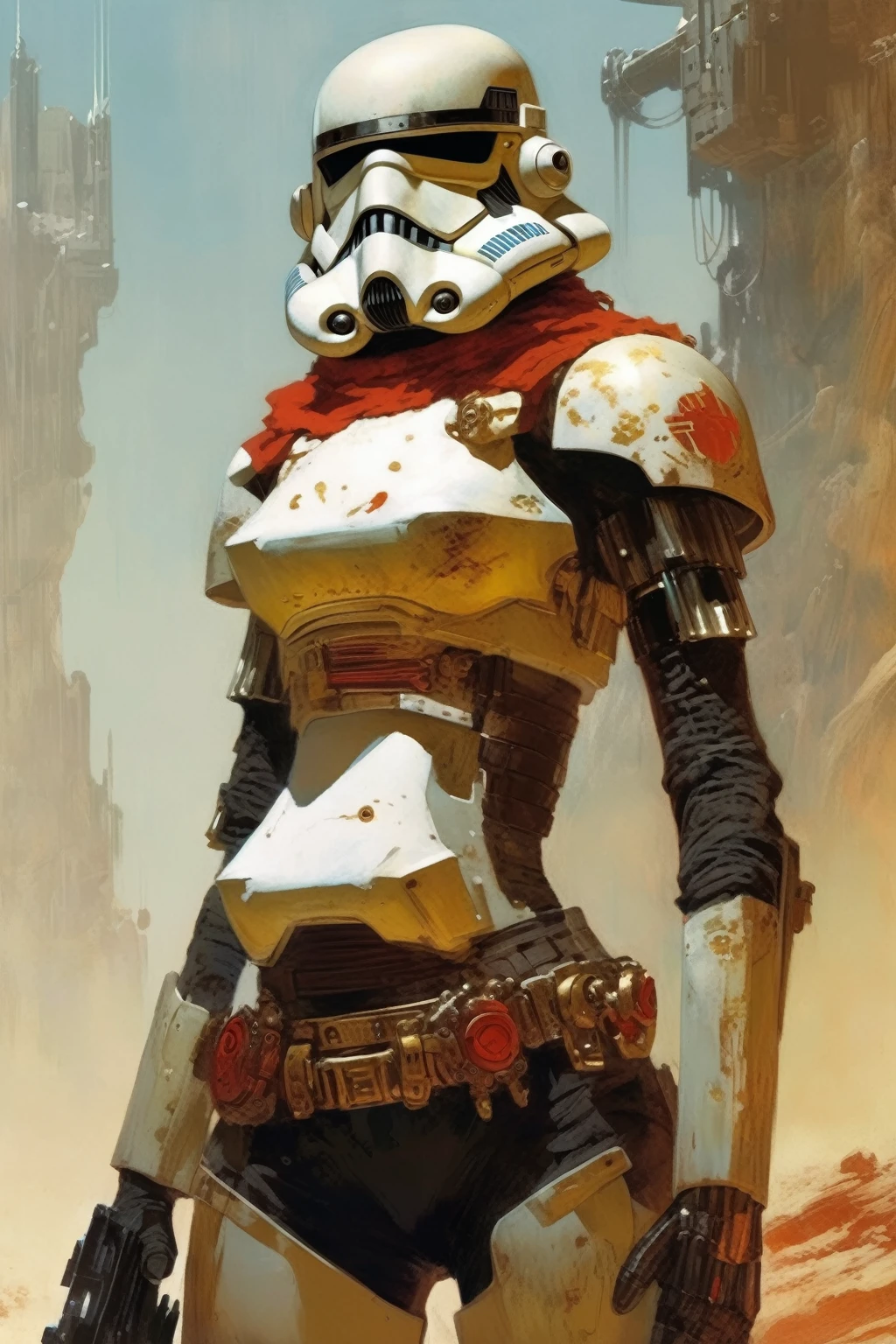 A stormtrooper, concept art, cyberpunk, stranger, fighter, star wars, heavy armor with red and gold details, heavy weapon, thin waist, large breastplate, frank frazetta style, probably woman