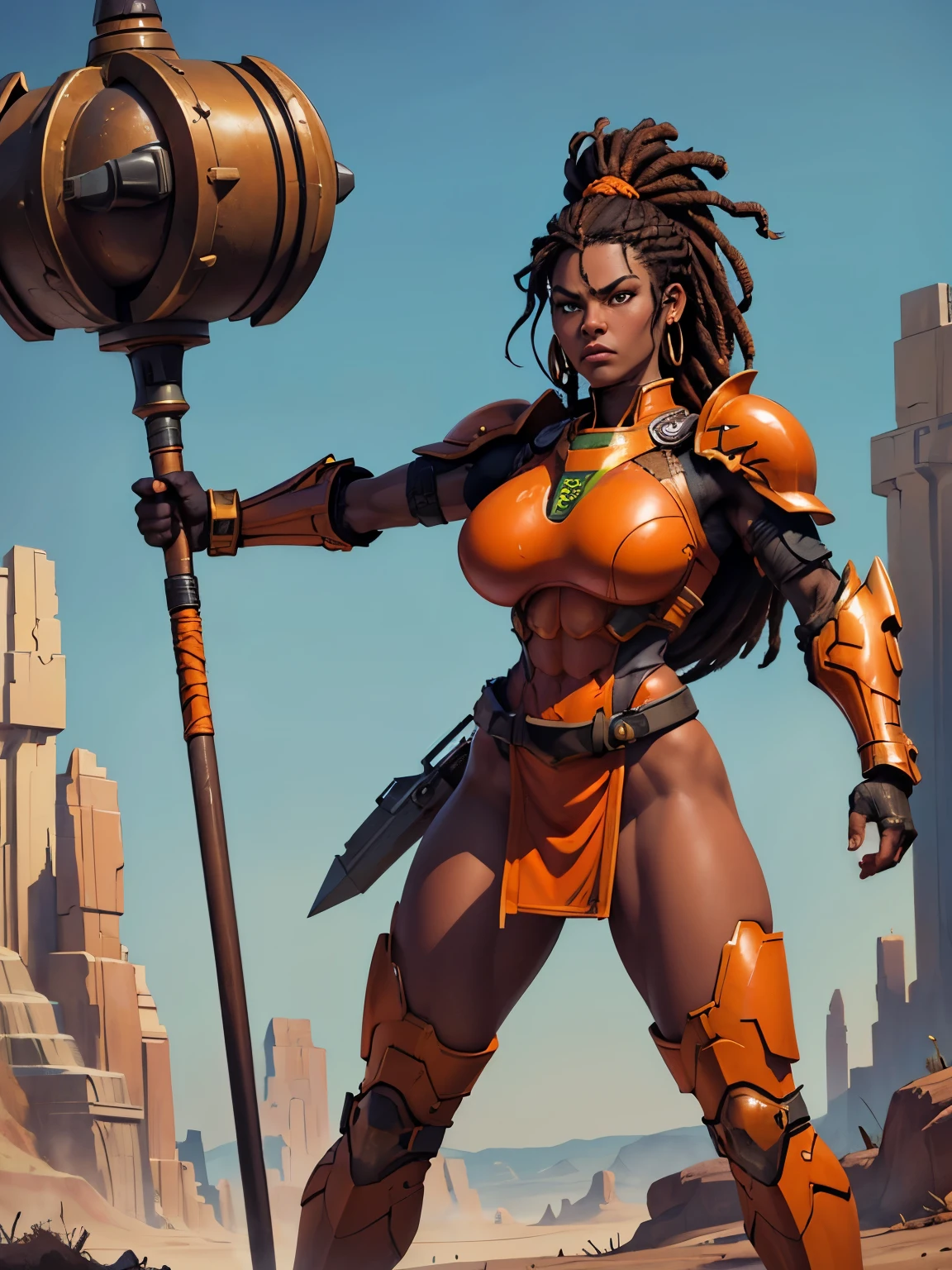 Portrait of African woman in a fighting pose swinging a mace, swinging weapon, fighting, attacking. with (short black dreadlocks), black hair pulled back. wearing a (heavy orange mechanical armor, power armor covering her chest and arms, orange breast plate) with large (round orange shoulder pads). a dark green undersuit, (undersuit). (Barbarian fur).  (Bare thighs, bare legs:1.2). Badlands background with dead trees. super high quality, super high detail, masterpiece, 4k, 8k, HDR, masters of the universe. Show her in a fighting stance, a mace raised in one hand, the other hand is open and extended toward the camera. frowning.

