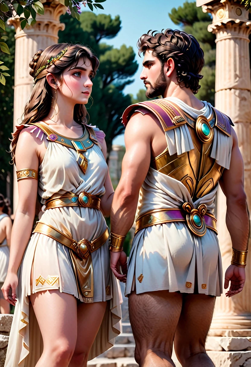 Masterpiece,quality,4k,Show a young 20 something couples in ancient Athens Greece males and females in detail,Bokeh/ with pastel shades tones colors ancient greek patterns designs Ionic IonianGreece