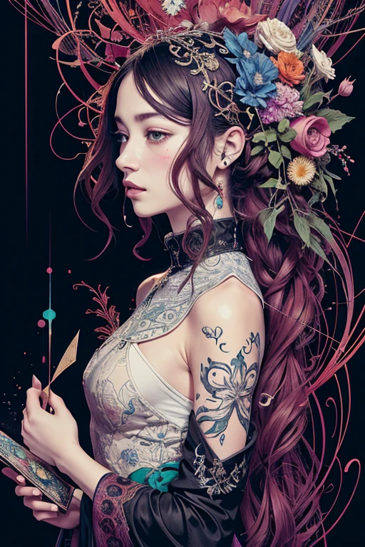 offcial art,Unity 8k wallpaper,ultra - detailed,Beauty and aesthetics,tmasterpiece,best qualtiy,(zentangle,datura,Tangles,entangled),(s fractal art:1.3),1girl,The is very detailed,dynamic angle,cowboyshot,The most beautiful form of chaos,elegant,Fauvist design,vivd colour,James Jean,robbie devi antono,ross tran,francis bacon,michal mraz,adrian ghenie,petra cortright,gerhard richter,takato yamamoto,Ashley Wood,Atmospheric,A note of ecstasy,streaming musical notes visible