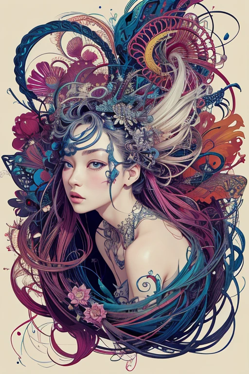 offcial art，Unity 8k wallpaper，ultra - detailed，Beauty and aesthetics，tmasterpiece，best qualtiy，（zentangle，datura，Tangles，entangled），（s fractal art：1.3），1girl，The is very detailed，dynamic angle，cowboyshot，The most beautiful form of chaos，elegant，Fauvist design，vivd colour，James Jean，robbie devi antono，ross tran，francis bacon，michal mraz，adrian ghenie，petra cortright，gerhard richter，takato yamamoto，Ashley Wood，Atmospheric，A note of ecstasy，streaming musical notes visible