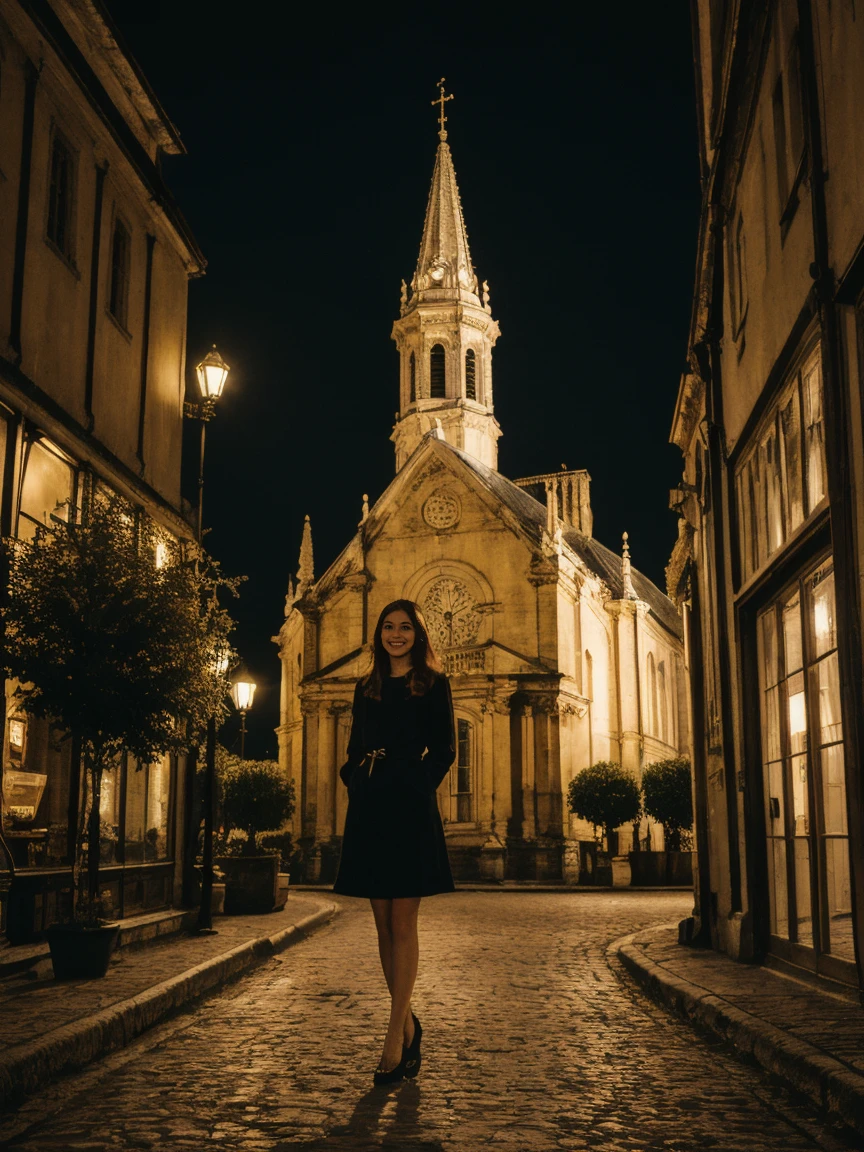 her name is Amelie, high quality, 1girl, ((25-year-old fit Caucasian woman)), ((25 years old)), ((BODY TYPE: HOURGLASS)), ((auburn straight hair)), smiling, pose: standing, wearing SOPHISTICATED courant Generation-Z modern wear bright colored, BACKGROUND: "Exploring the historic Sablon district at night, with its elegant buildings, antique shops, and beautiful church illuminated."