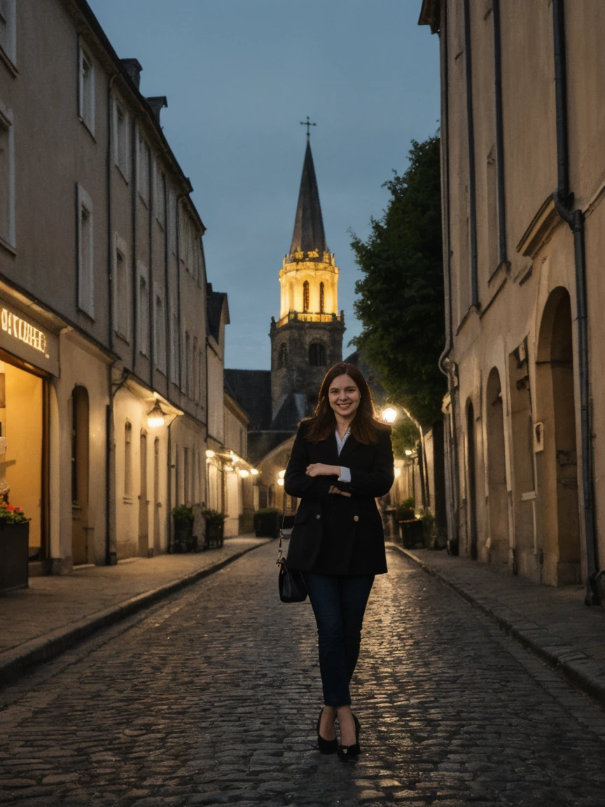 her name is Amelie, high quality, 1girl, ((25-year-old fit Caucasian woman)), ((25 years old)), ((BODY TYPE: HOURGLASS)), ((auburn straight hair)), smiling, pose: standing, wearing SOPHISTICATED courant Generation-Z modern wear bright colored, BACKGROUND:  "Exploring the historic Sablon district at night, with its elegant buildings, antique shops, and beautiful church illuminated."