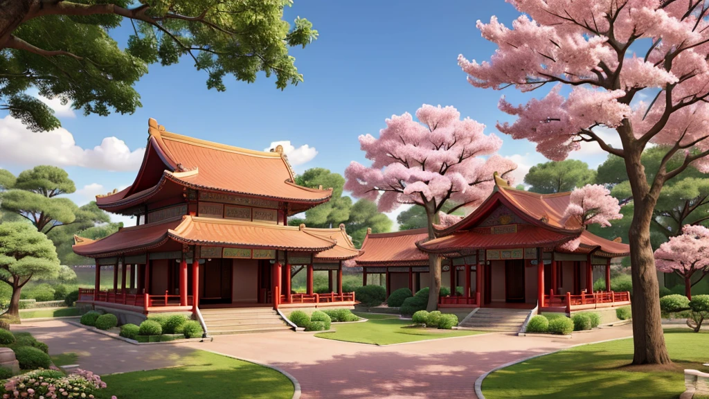 a Chinese house in the center and pink Chinese trees to the sides, 4k, realistic