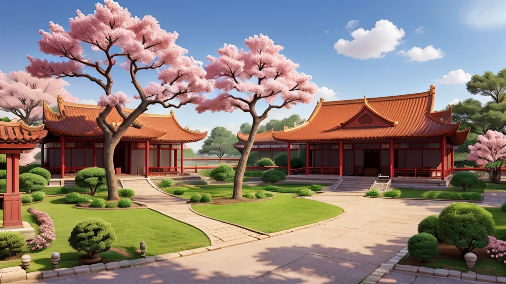 a Chinese house in the center and pink Chinese trees to the sides, 4k, realistic
