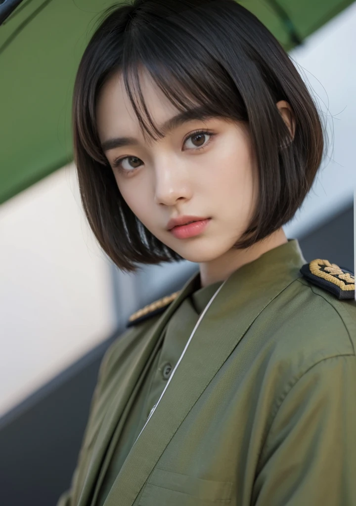 Men with neutral facial features,20years old,Beautiful Asian man,bobbed hair,bob cat hair,Uniforms of the Japanese Imperial Army,Dark hair,almond-shaped eyes,Green uniform,photo-realistic,Very clear and beautiful photo,high quality