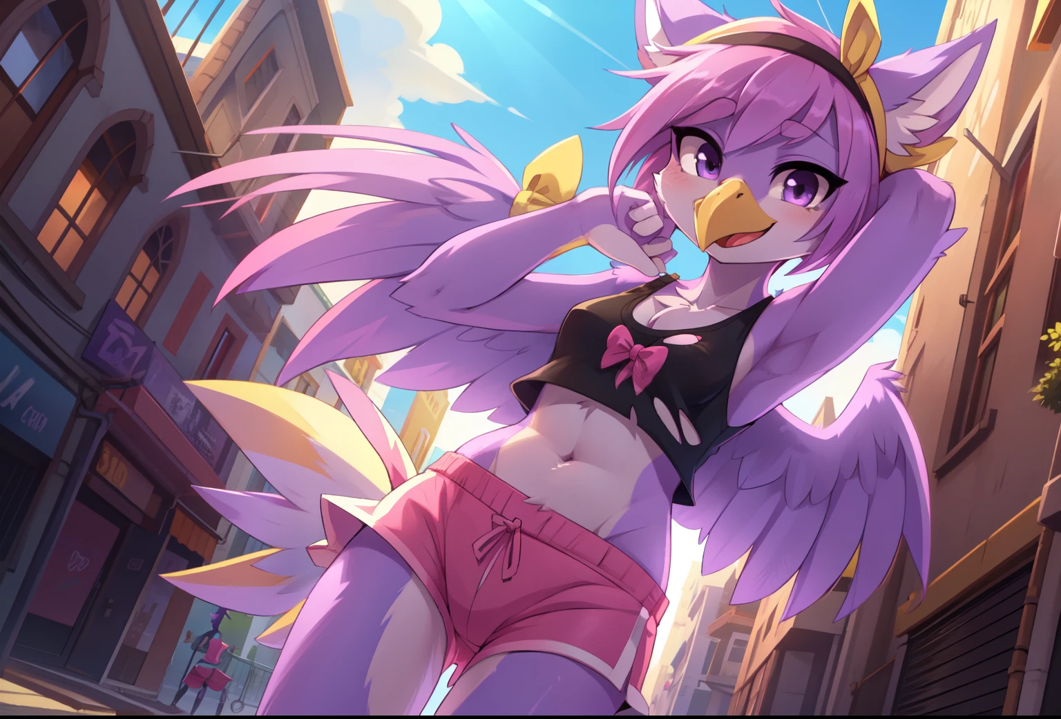 score_9,score_8_up,score_7_up, source_cartoon, source_furry, Furry girl, bird, yellow bird beak, lilac hair, short spiky hairstyle, short spiky ponytail, anime style, small breasts, purple eyes, big eyebrows, animal ears, ((yellow headband with ribbon, black tank top, midriff, pink swim trunks)), high quality, detailed body, detailed eyes, detailed face, masterpiece, glistening body, detailed body fur, best quality, clear purple body fur, skinny, back avian wings, avian, detailed hands, perfect lighting, perfect shadows, perfect eyes, perfect hair, perfect face, gorgeous body, street, clear Sky, torn clothes, nude, pussy,