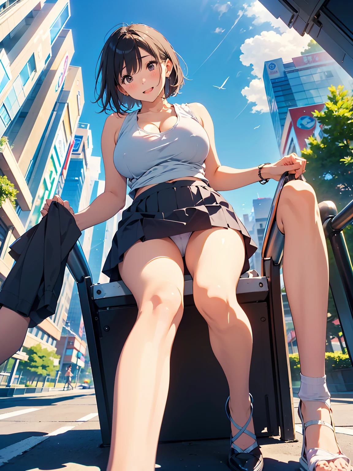 Tabletop, Highest quality, Realistic, In detail, High resolution, 8k wallpaper, Perfect dynamic composition, Beautiful attention to detail, (short Hair, Shiny hair, wave), Hair blowing in the wind, Big ample breasts, cleavage, Random, ((cute and sexy tank top)), (cute, black, skirt)、(Breast bulge:1.4), cleavage, Laughter, Cityscape, Walking around Tokyo, ((Sitting with legs spread wide)), 23 years old、(Droopy eyes)、Adult Beauty、Japanese, ((from below, Photo from a camera placed on the ground)),
