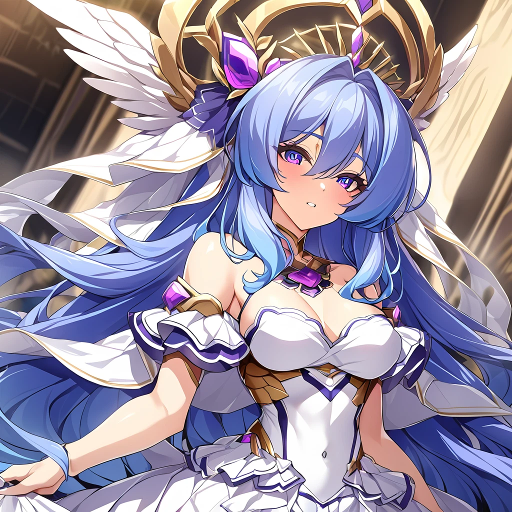 ((Highest quality)), ((masterpiece)), (detailed), (Perfect Face)、The woman was a great angel who became the Greek goddess Hera.6An archangel and god with wings and a shining halo above his head.々The wife of Zeus, the king of the gods, the goddess Hera Extella、The woman was the beautiful goddess Hera Axtia, queen of the one and only god Zeus. She had medium-long blue hair, was wearing a pure white vintage wedding dress with gorgeous gold embroidery and trimmings, a gorgeous vintage wedding veil, gorgeous jewelry and decorations, an engagement ring, and gorgeous accessories. She was an elegant goddess, the graceful and beautiful goddess and queen of the gods Hera Axtia.