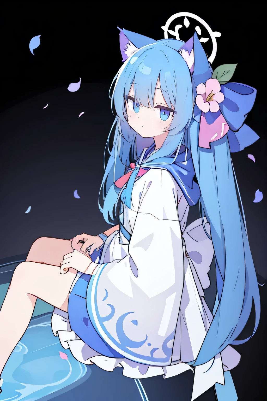 (masterpiece:1.2),Super detailed,lifelike,Expressive eyes,fair skin,perfect face shape,1 girl,
Japanese comics,Gorgeous blue hair,flowing blue hair,flowing clothes,Cat ears,Petals fall,beautiful lola,Baby Angel,
Shaking head with one hand,Cross your legs,Gentle and peaceful background,The pavilion is cool and comfortable,smile, wearing hoodie, background of tokyo,back views,Looking up from below。